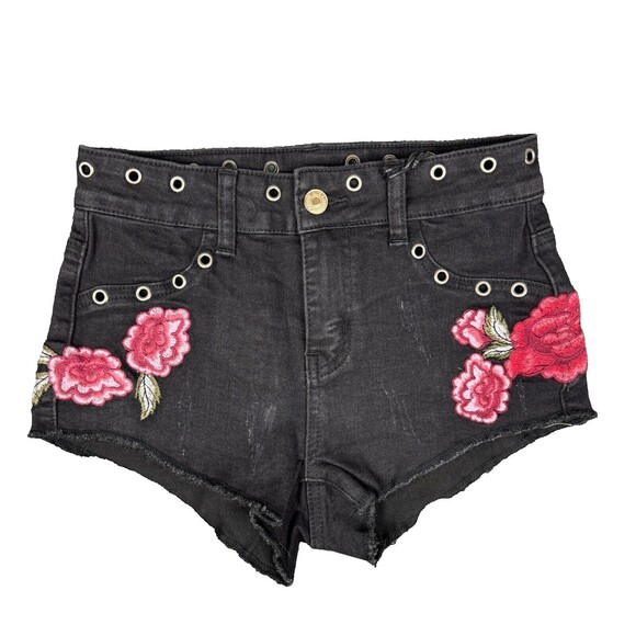 LITZ by UNIQ Black Floral Embroidered Denim Booty Shorts Juniors Sz Small NEW - Picture 1 of 6